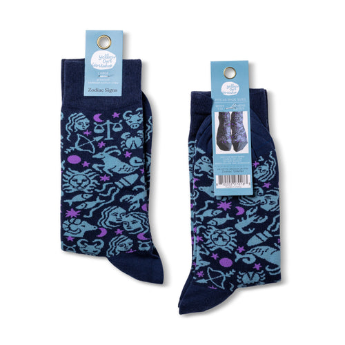 Zodiac crew socks packaging front and back by Yellow Owl Workshop