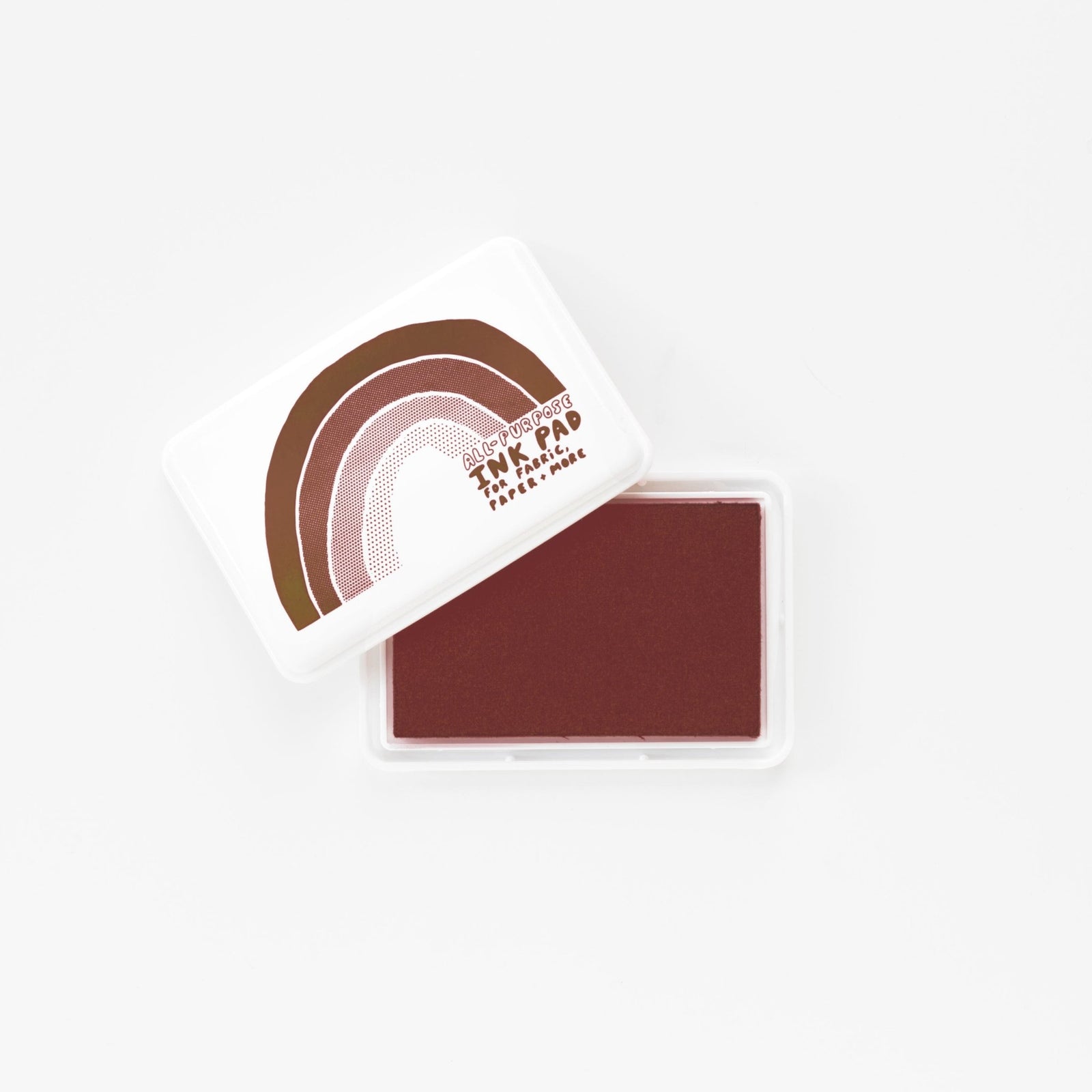 Brown permanent waterproof all-purpose ink pad open showing brown ink pad and white rainbow lid by Yellow Owl Workshop