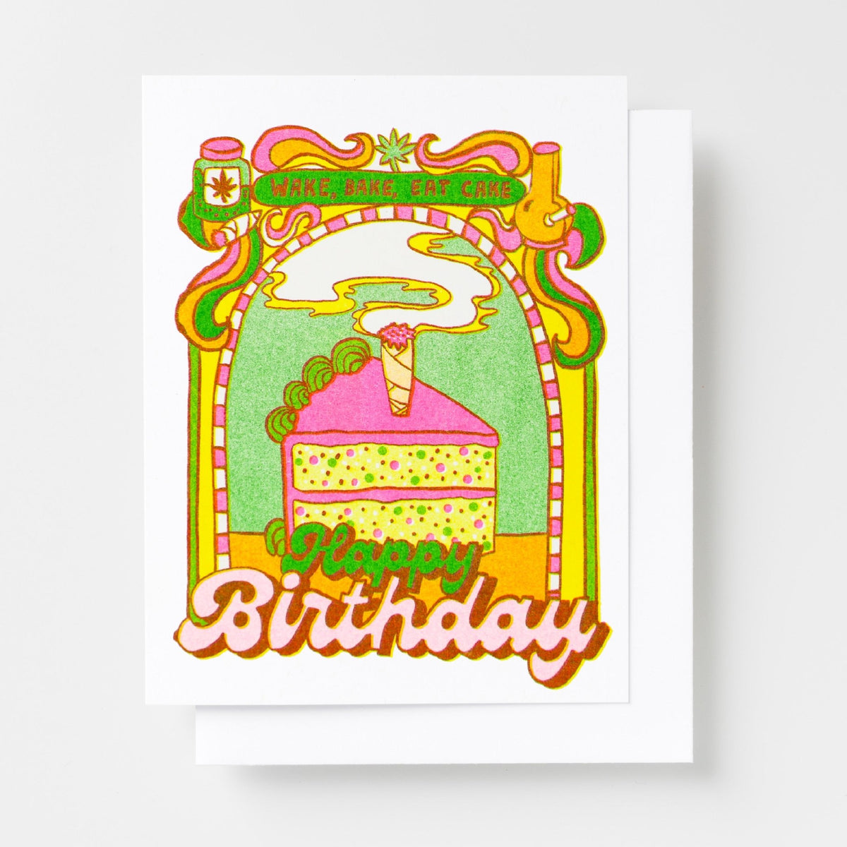 HBD Wake Bake Eat Cake Risograph Card - Yellow Owl Workshop