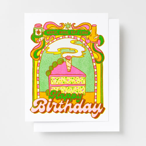 HBD Wake Bake Eat Cake Risograph Card - Yellow Owl Workshop