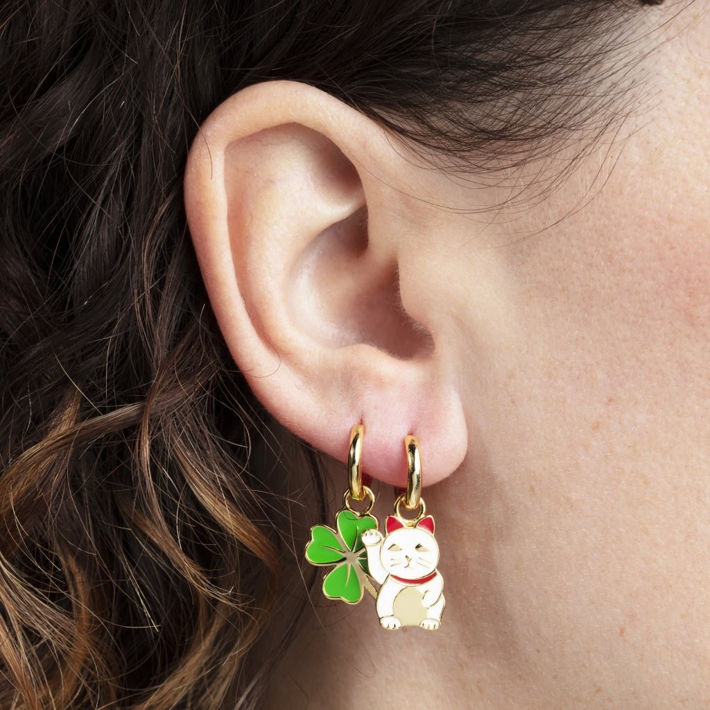 Lucky Cat &amp; Clover Hoop Earrings - Yellow Owl Workshop