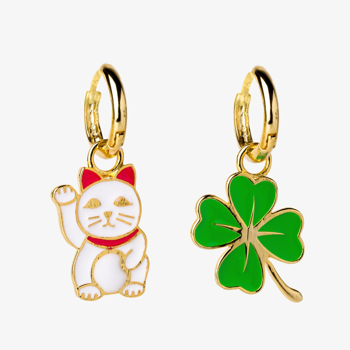 Lucky Cat &amp; Clover Hoop Earrings - Yellow Owl Workshop