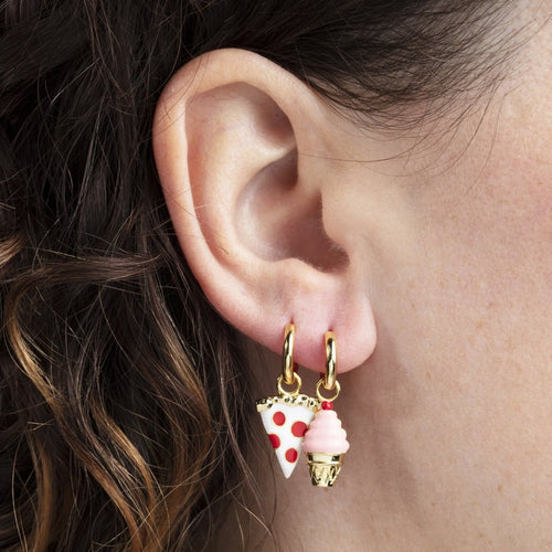 Pizza and Ice Cream cloisonné gold hoop earrings worn on ear by Yellow Owl Workshop