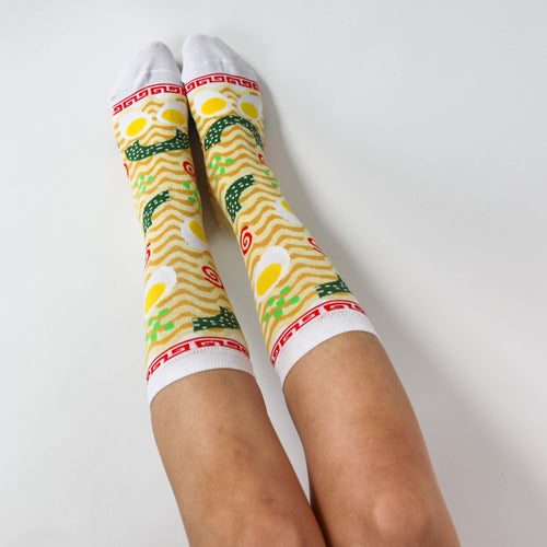 White Ramen crew socks with illustrated noodle bowl print worn on feet by Yellow Owl Workshop