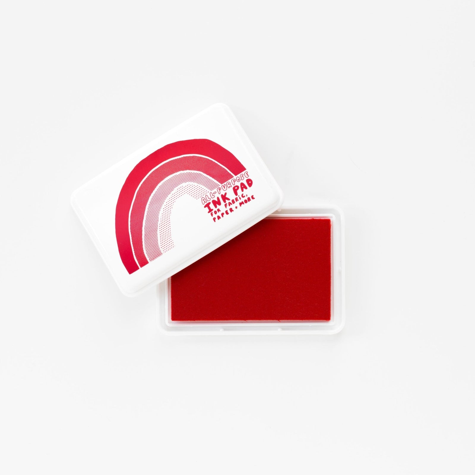 Red permanent waterproof all-purpose ink pad open showing red ink pad and white rainbow lid by Yellow Owl Workshop