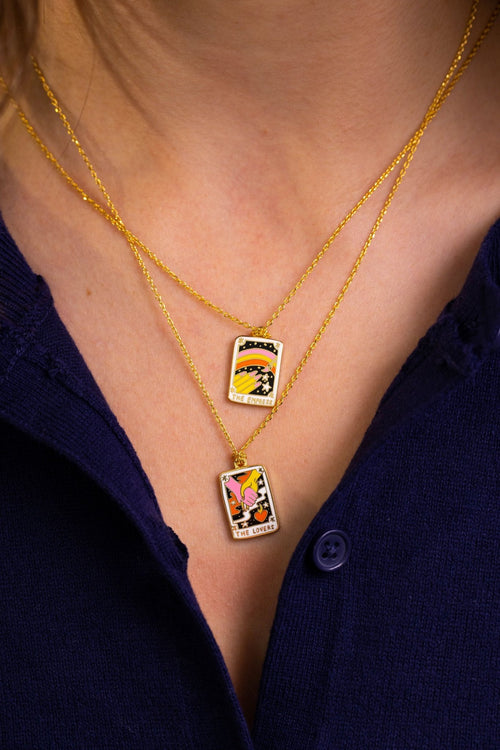 Tarot Lovers cloisonné enamel pendant necklace worn by Yellow Owl Workshop